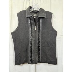 Tabi Vest Womens Large Black 100% Wool Zip Front Velvet Trim Embroidered‎ Collar